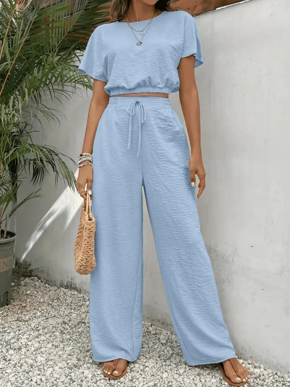 Women's Solid Color Fitted Top & Wide Leg Pants Two-piece Set, Casual Round Neck Top & Drawstring Waist Trousers for Summer