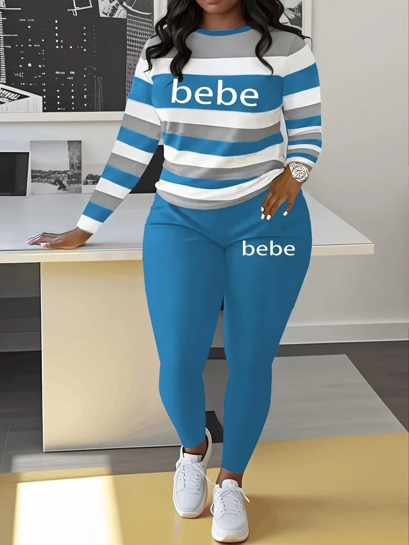 Women's Striped Bebe Letter Print Casual Autumn Winter Round Neck Long Sleeve Top & Pants Set