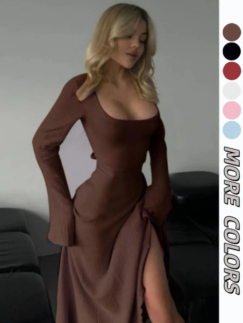 Women's Plain Lace Up Tie Back Flounce Sleeve Dress