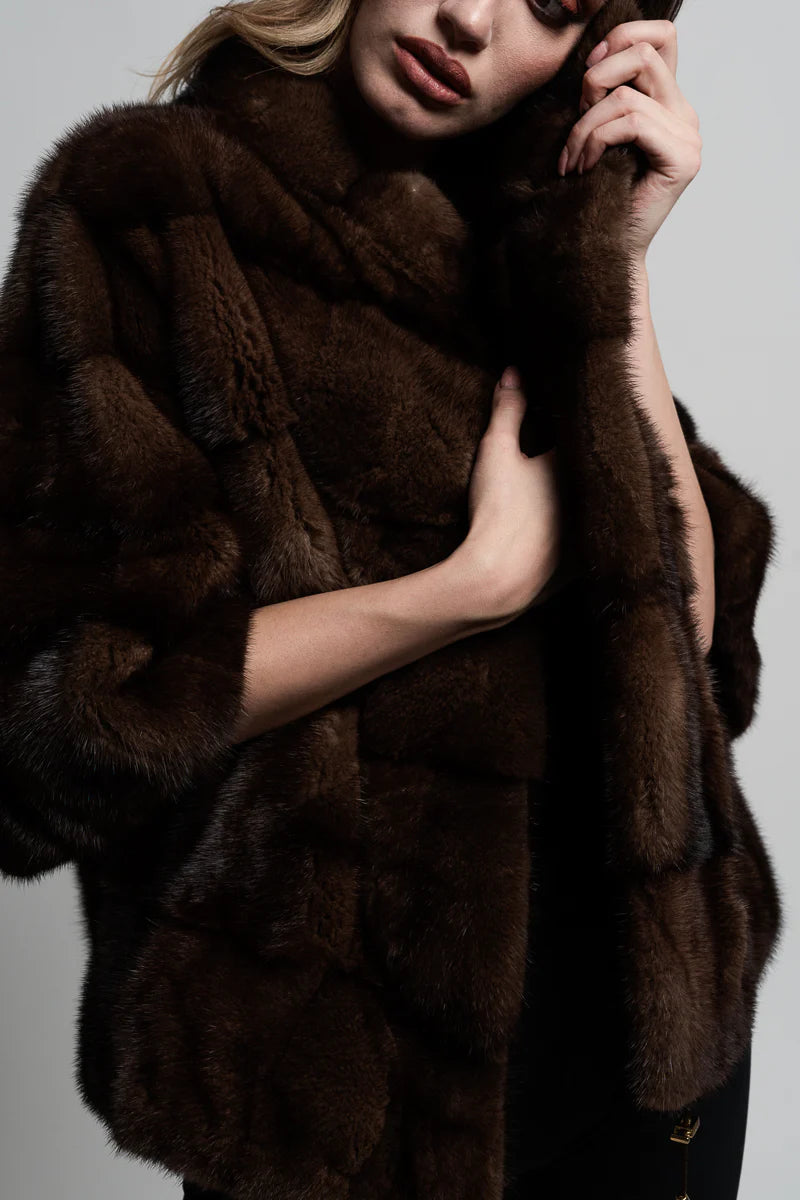 Haină din Blană Naturală de Vizon, Oversized, Femei, Chocolate 212