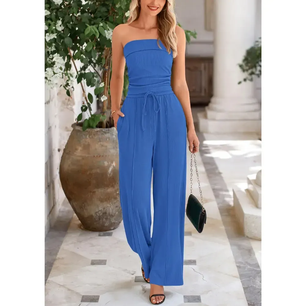 Womens Summer Outfits 2 Piece Sets Casual Ribbed Knit Crop Tube Top Wide Leg Pants