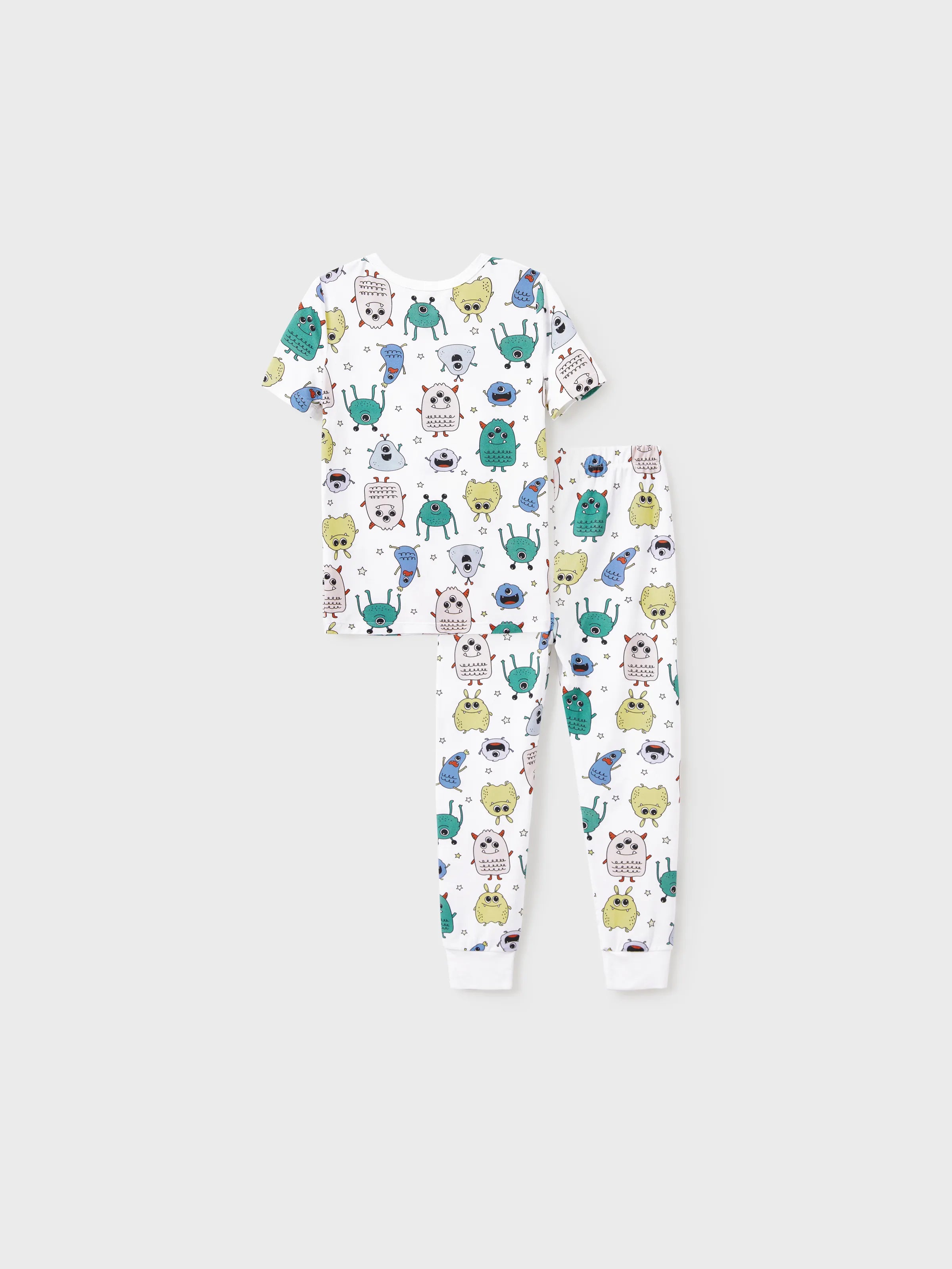Bamboo Family Pajamas Cute Little Monster Print Short-sleeve Matching Pajama Set ( Snug-Fitting for Children ) White