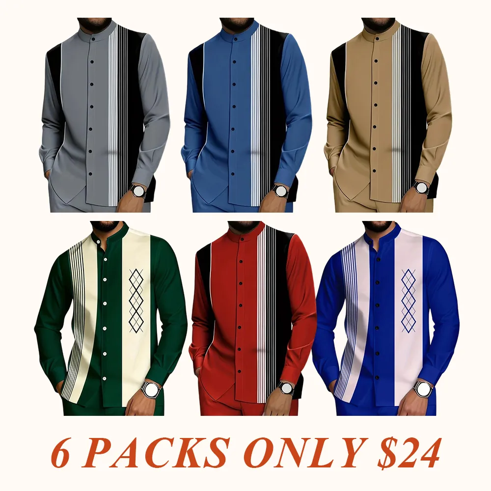 2 piece men's black and white vertical stripe graphic printed button up collar top and drawstring waist casual pants