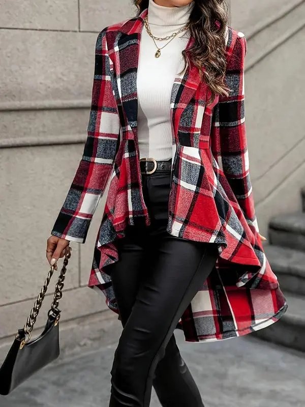 Women's Plaid Print Button High Low Hem Jacket