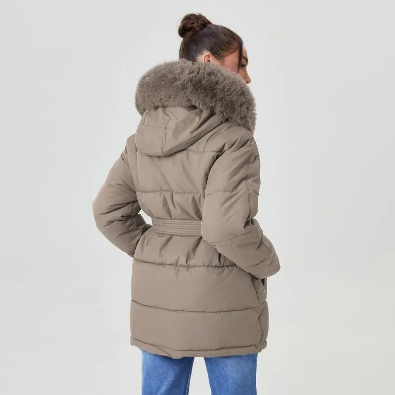 Women's Versatile Solid Color Fluffy Hooded Zip-Up Belt Decor Cotton Coat