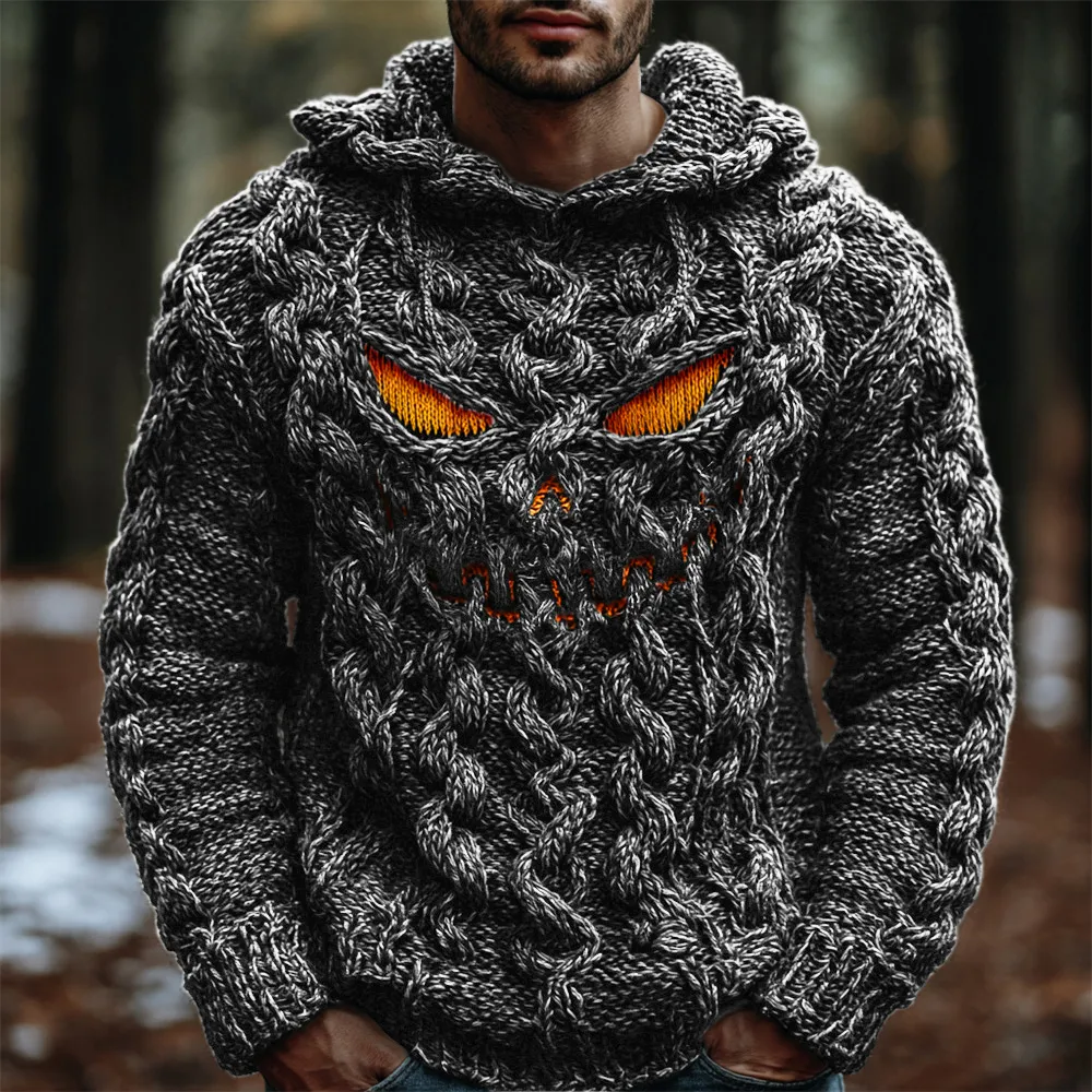 Halloween Evil Pumpkin Emoji Men's Chunky Knit Hooded Sweater