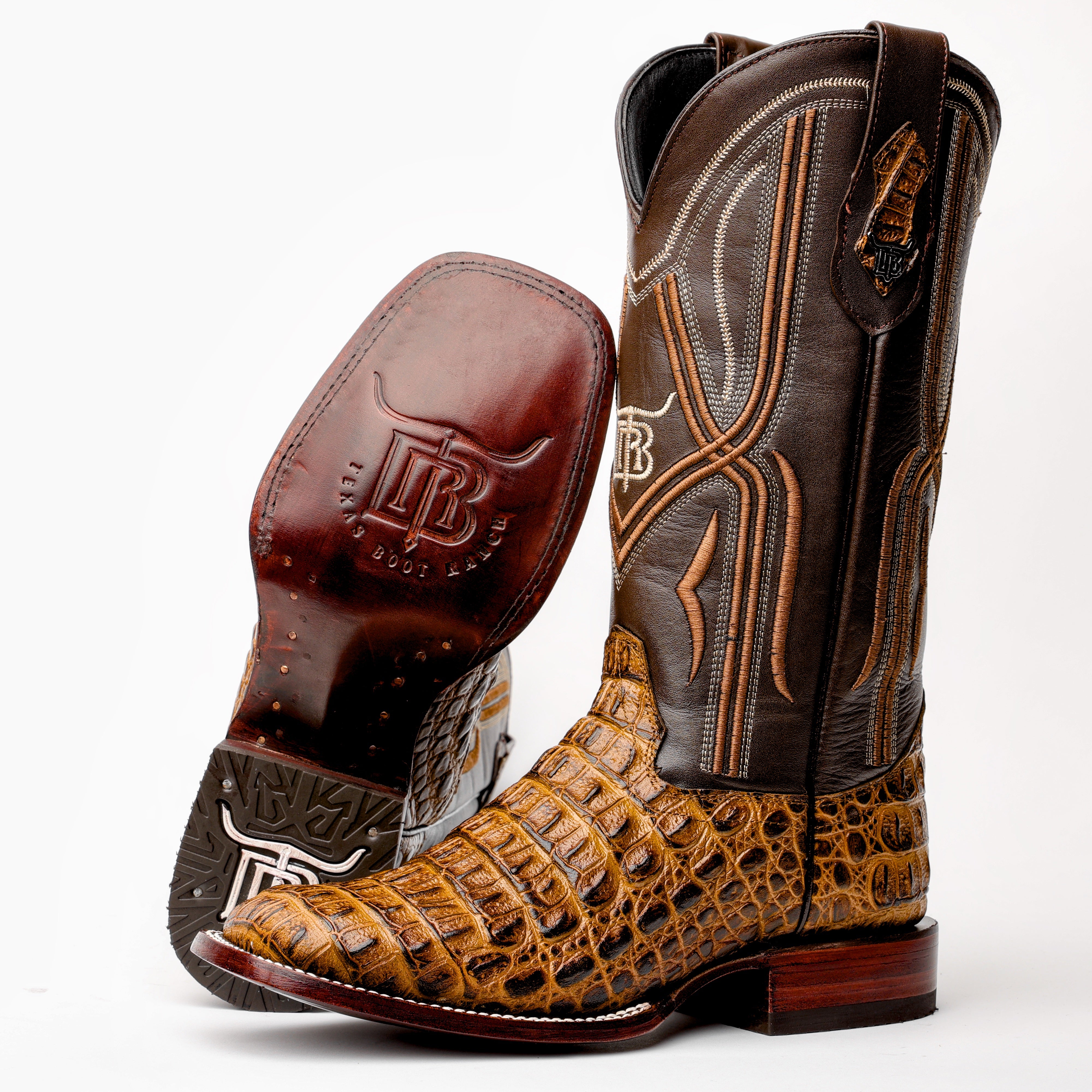 Honey Caiman Hornback Leather Boots - Square Toe