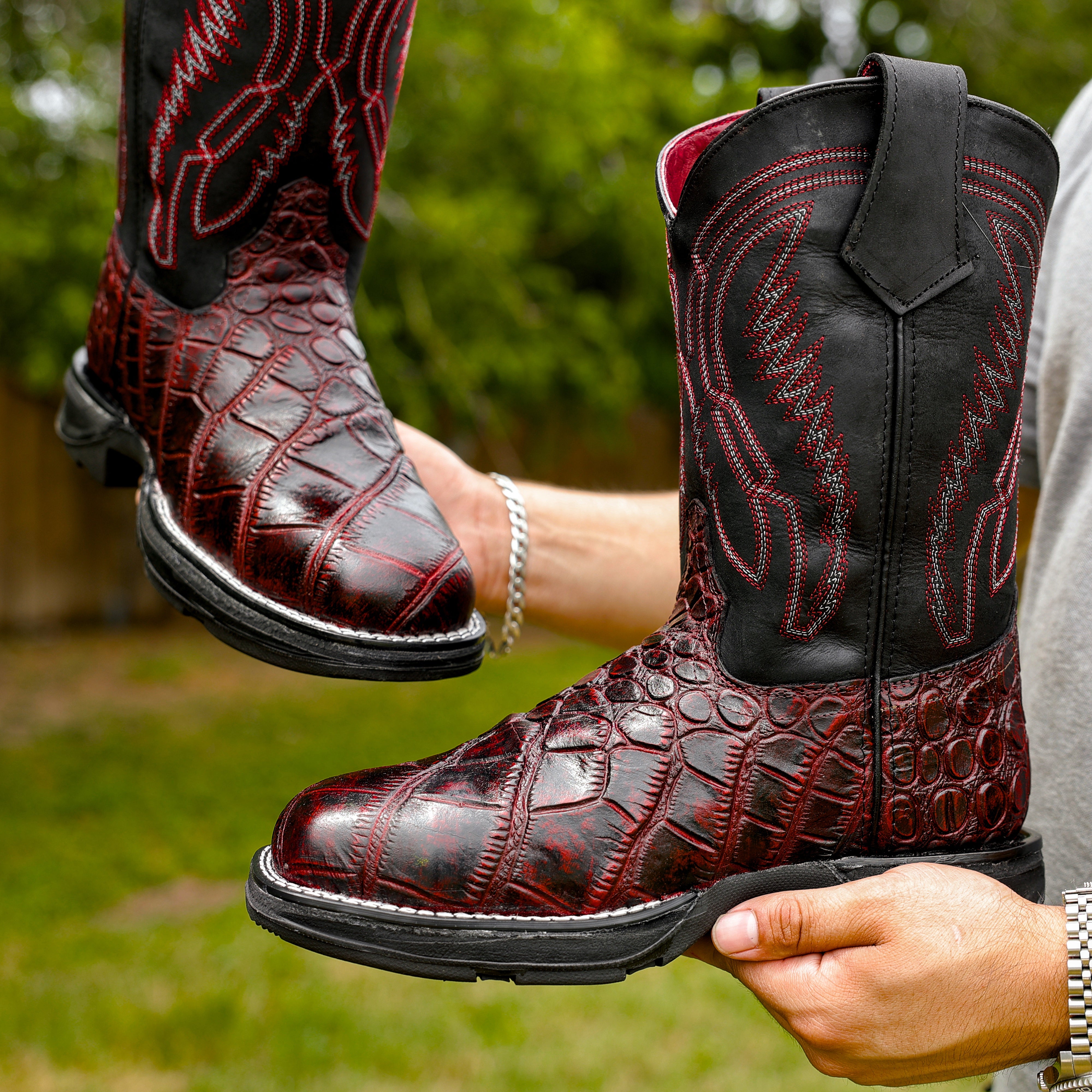 Black Cherry Caiman Belly Leather Boots With 3D Lightweight Sole - Composite Toe