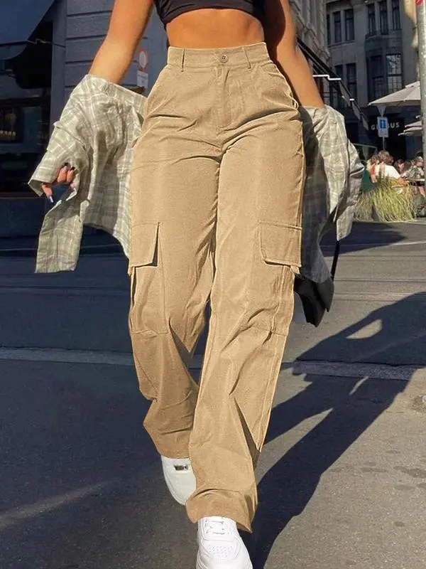 Women's Plain Flap Pocket Button High Waist Cargo Pants