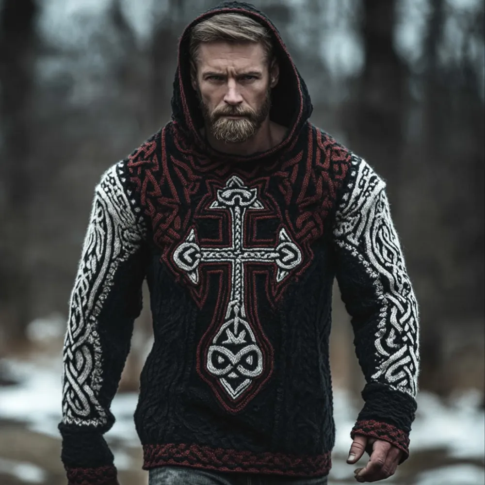Men's Viking Style Cross Color Blocked Hooded Sweater