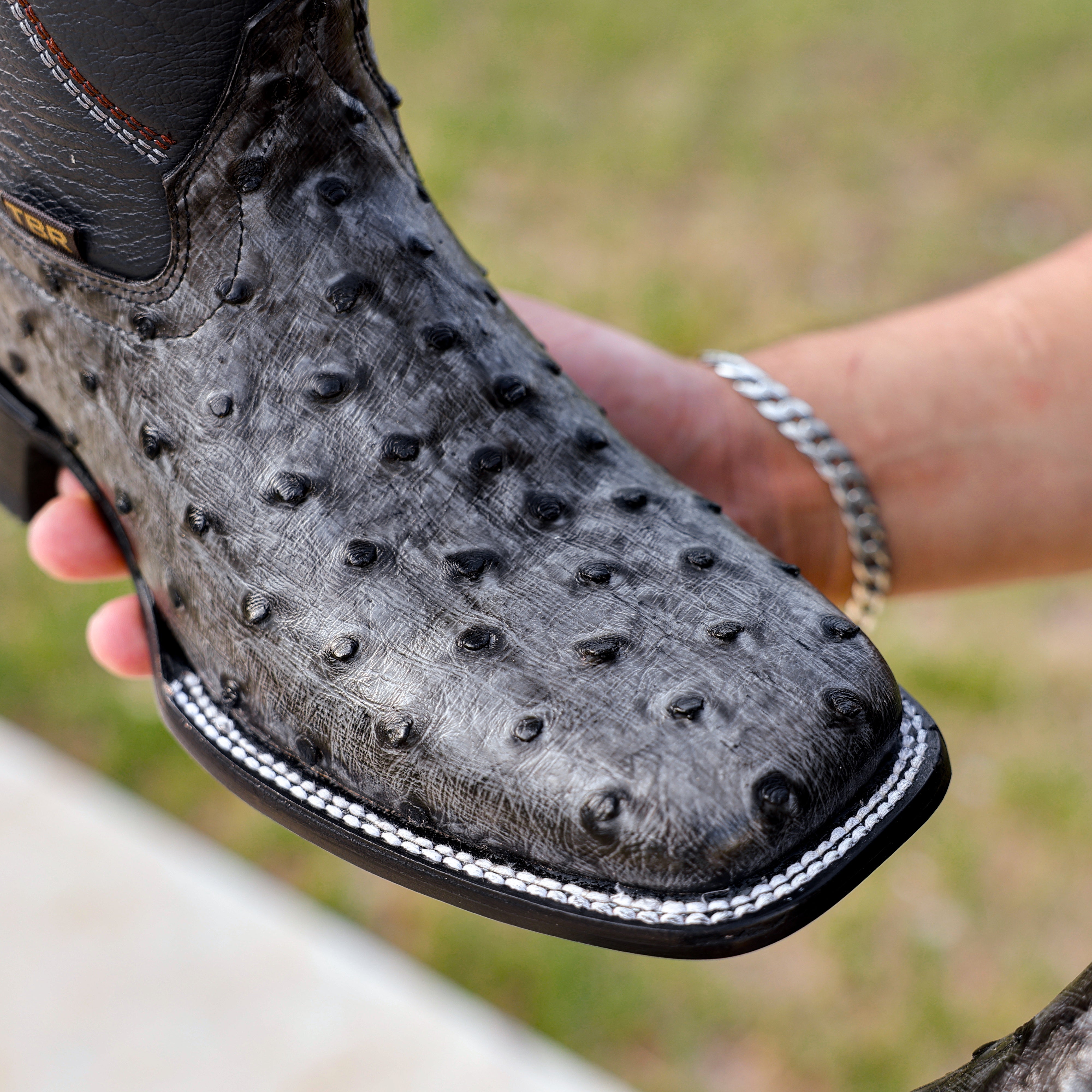 Grey Ostrich Leather Boots - Square Toe