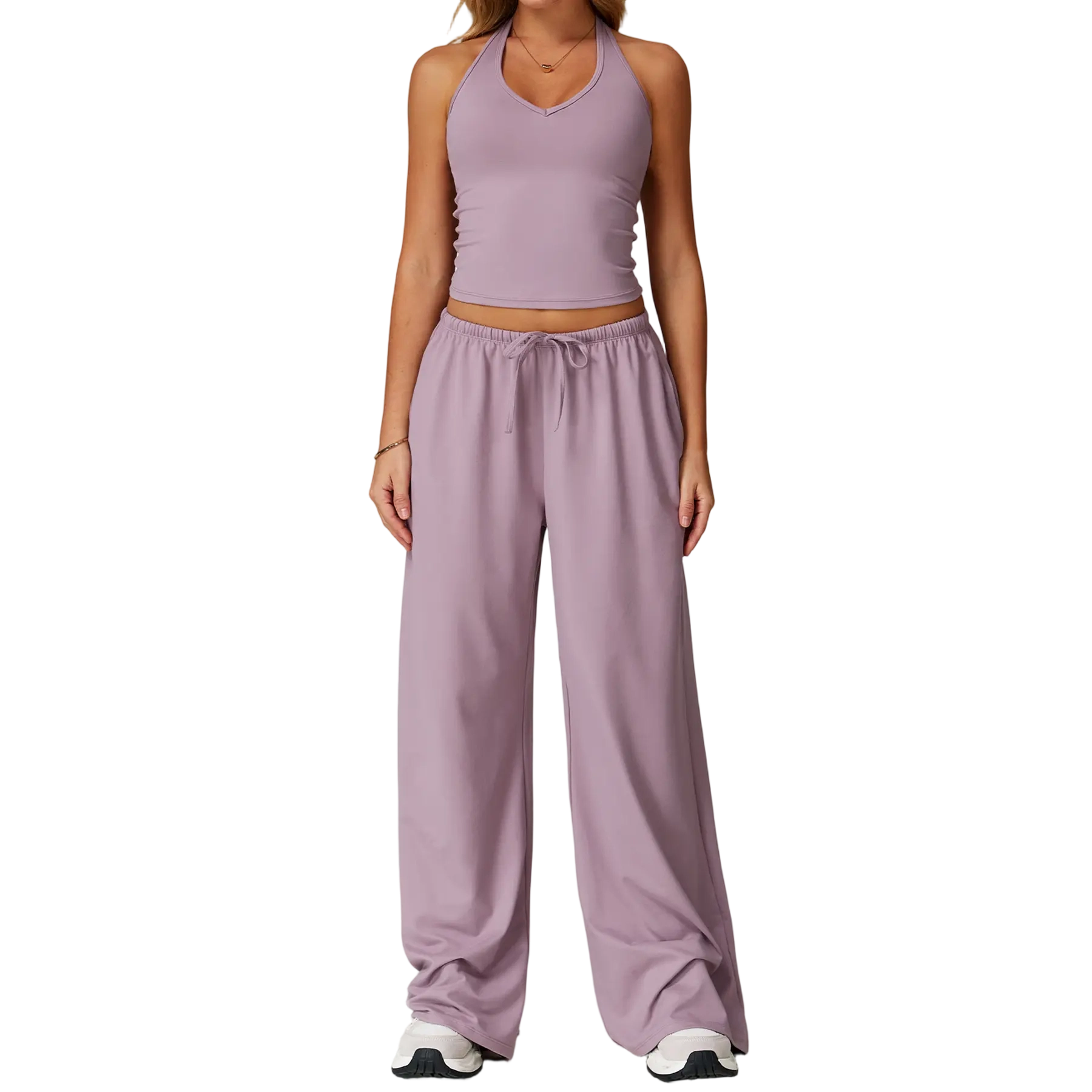 Mother's Day Gifts, Matching Sets Women 2 Piece Sets Summer Casual V Neck Top Wide Leg Pants Womens Holiday Travel Wear Fabric Breathable Summer Casual Clothing Sportswear Gym Sets Casual Loose Long Pant
