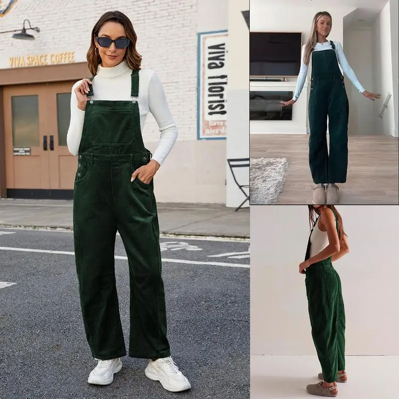 Women's Corduroy Overalls Barrel Wide Leg Bib Pants
