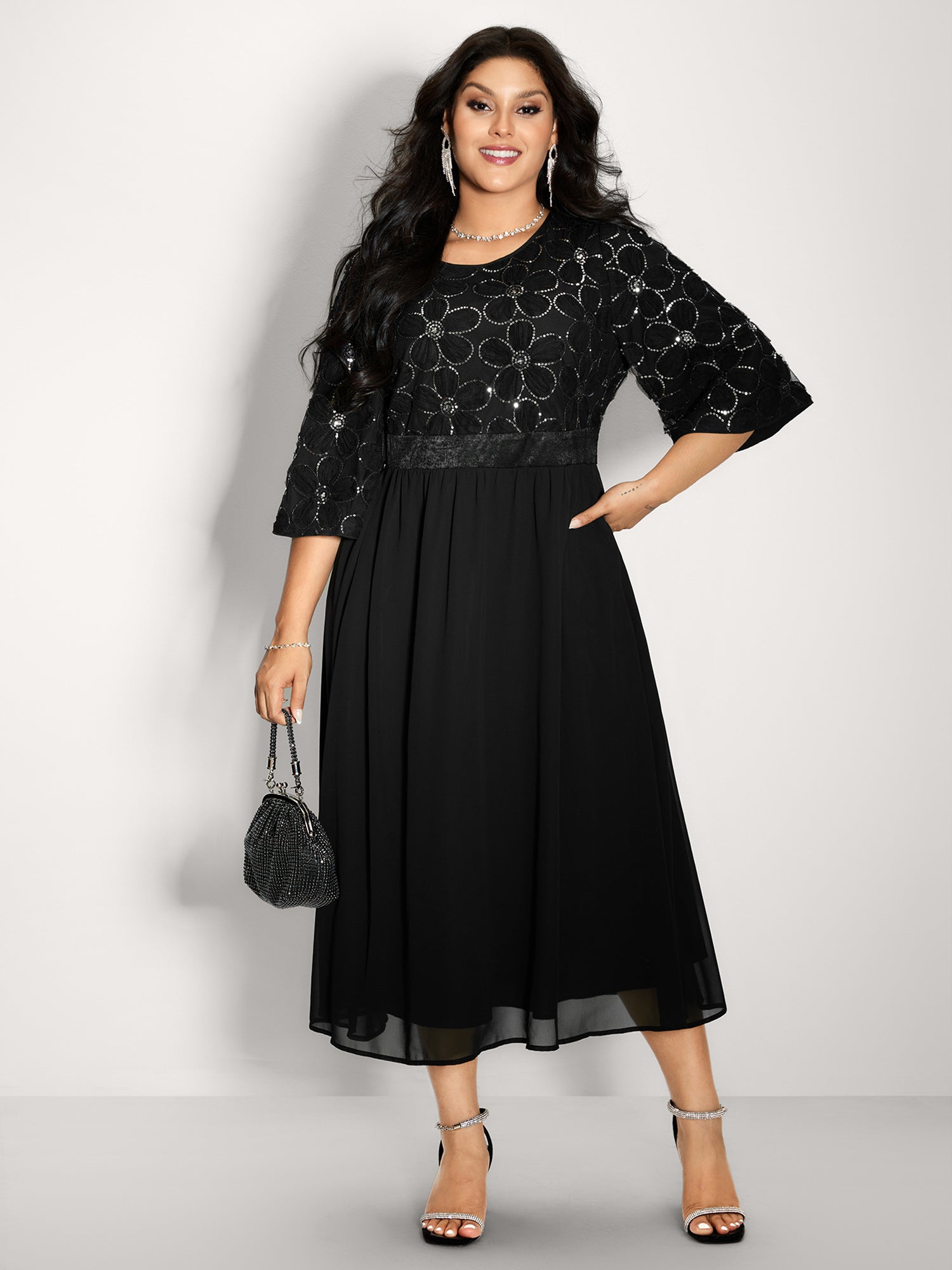 Sequin Floral Tulle Shirred Waist Midi Dress