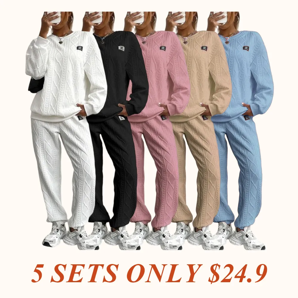 Women's Solid Patched Drop Shoulder Sweatshirt & Elastic Waist Pants Two-piece Set