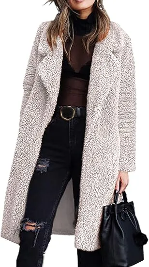 Women's Fuzzy Fleece Lapel Open Front Long Cardigan Coat Faux Fur Warm Winter Outwear Jackets Clothing Set
