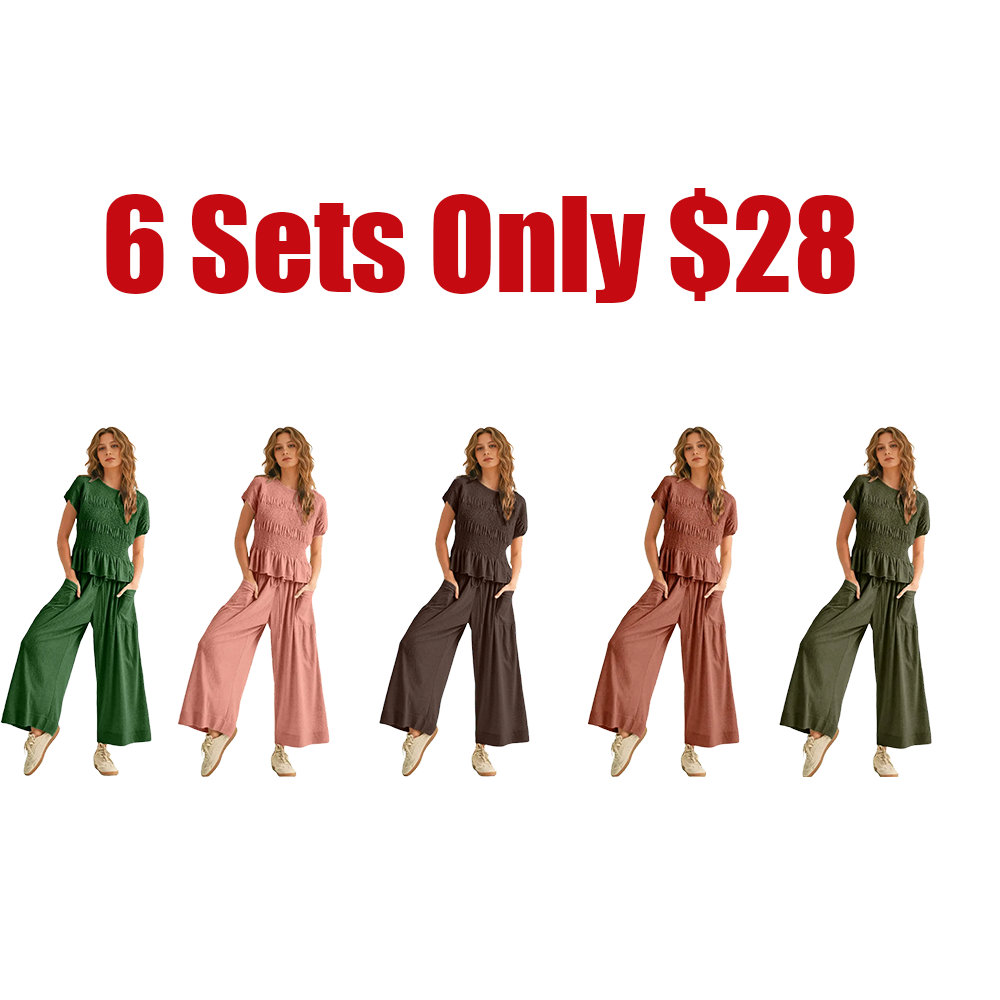 Women's 2-Piece Smocked Top & Wide-Leg Pants Set High-Waisted Lounge Outfit with Pockets Casual Boho Matching Set Minimalist Basic Kleinblue Crewneck Clothes Suits Fitted Trouser