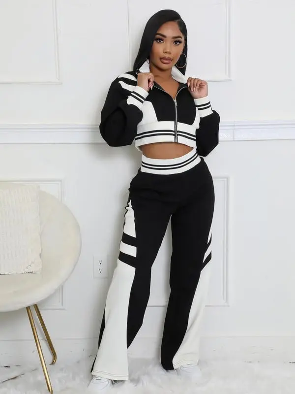 Women's Colorblock Print Zip Up Long Sleeve Crop Jacket & Pants Two-piece Set