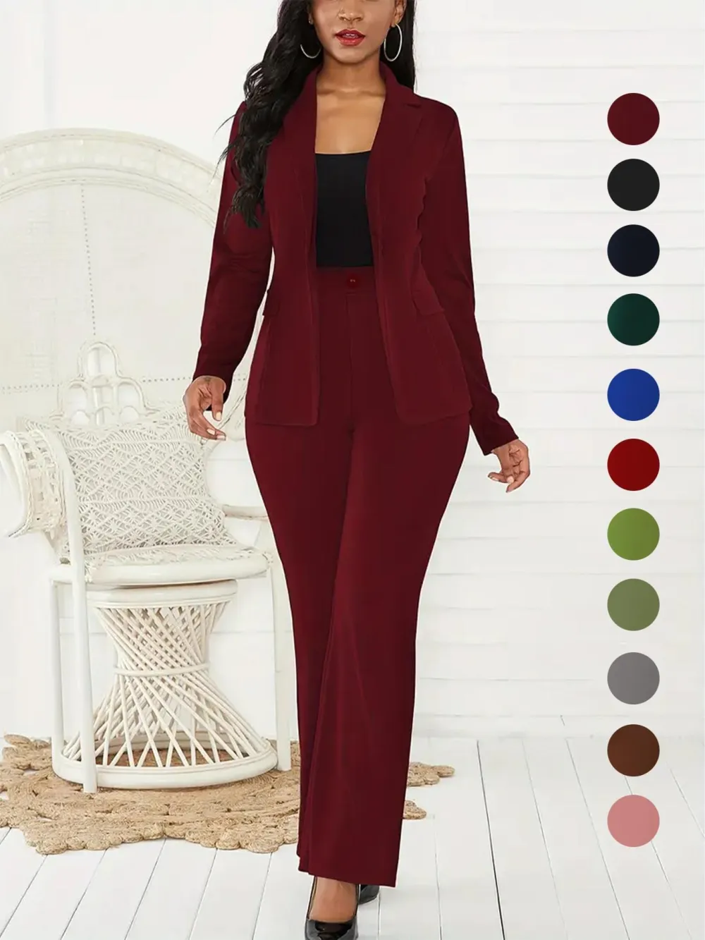 Women's Two-Piece Set Plain Button Lapel Blazer & Suit Pants, Elegant Business Casual Long Sleeve Outerwear
