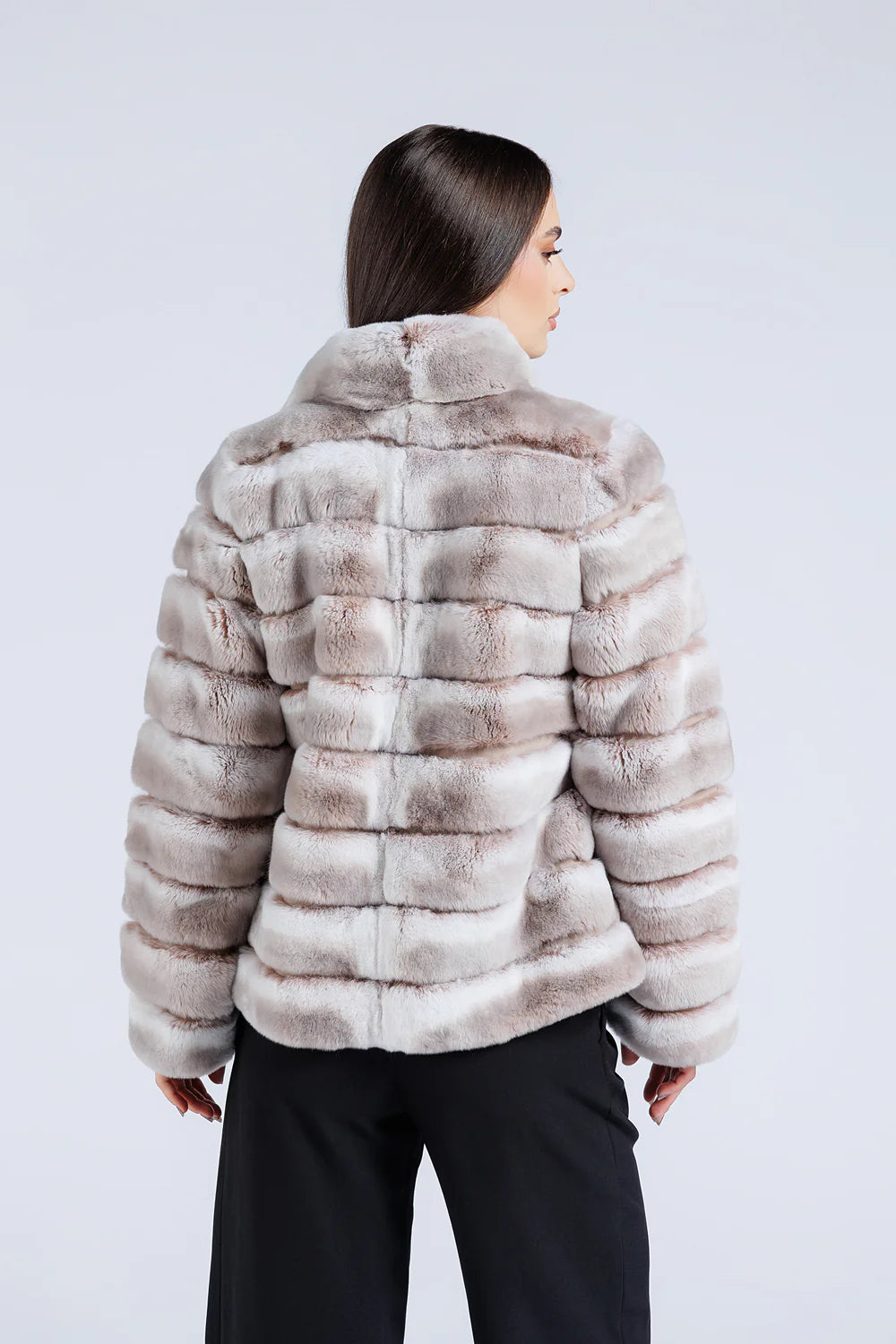 Haină din Blană Naturală de Rex Chinchilla, Guler Tunică, Femei, Pearl 179