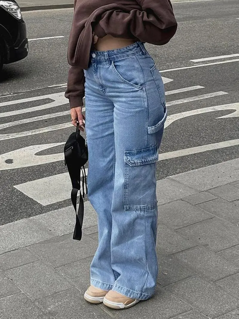 Women's High Waist Cargo Jeans with 6 Pockets, Wide Leg Baggy Denim Pants for Casual Street Style