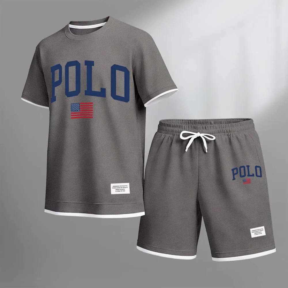Men's Spring/Summer Printed Polo Shirt and Drawstring Shorts Set