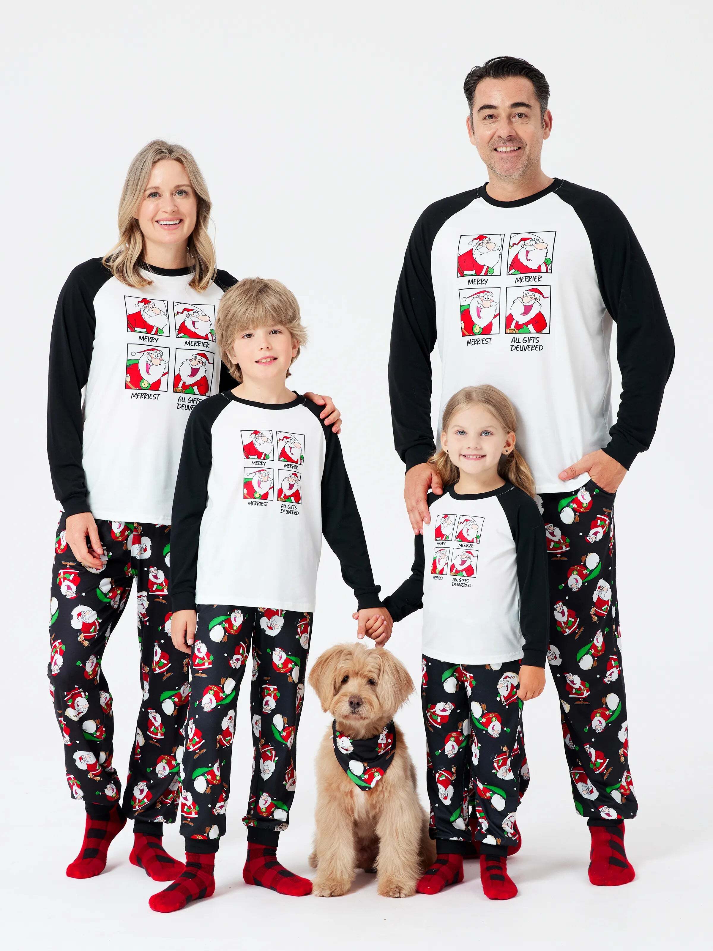 Christmas Matching Family Pajamas Set Christmas Santa Print Black and White PJS with Christmas Socks Black