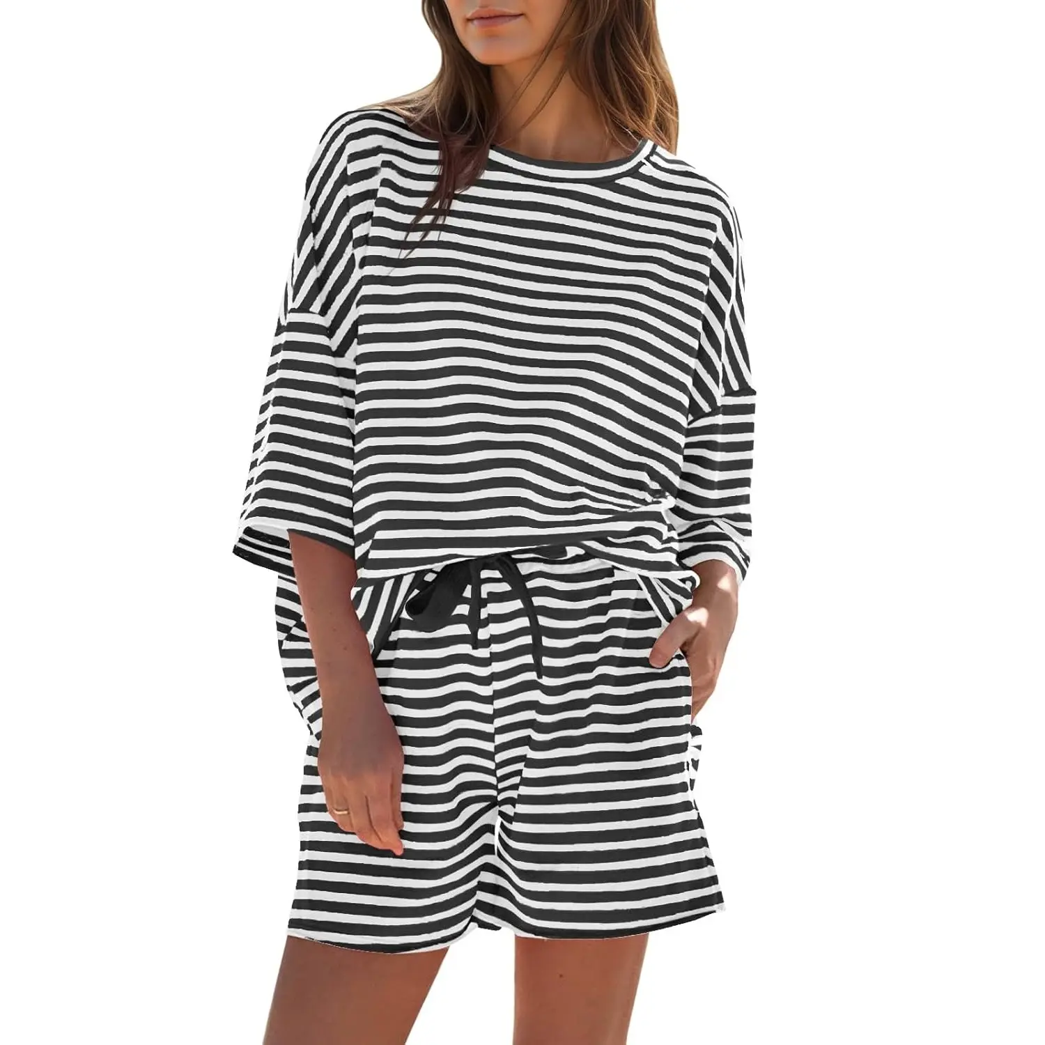 Womens Striped Short Sets 2 Piece Outfits Sweatsuits 3/4 Sleeve Pajamas Casual Lounge Sets