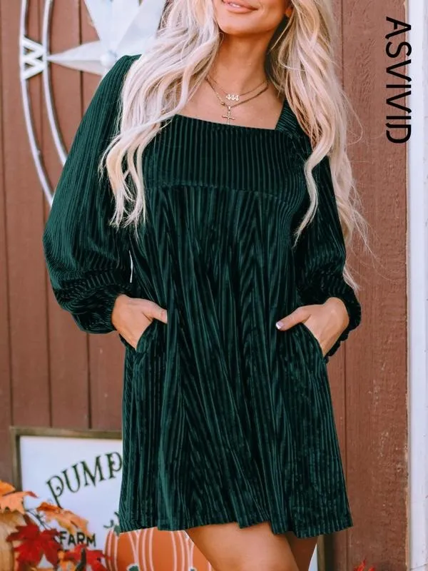 Women's Plain Bishop Sleeve Tie Back Square Neck Dress