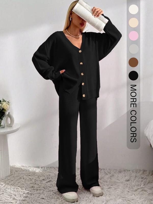 Women’s Cozy Knit Cardigan & Wide-Leg Pants Set – Relaxed Button-Up Lounge Outfit