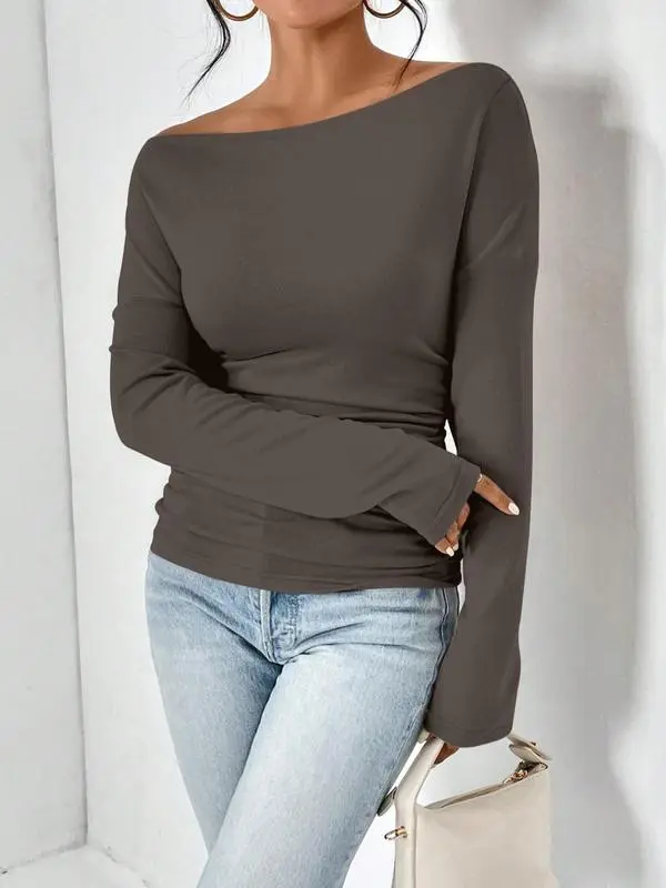 Women's Plain Ruched Asymmetrical Neck Drop Shoulder Tee