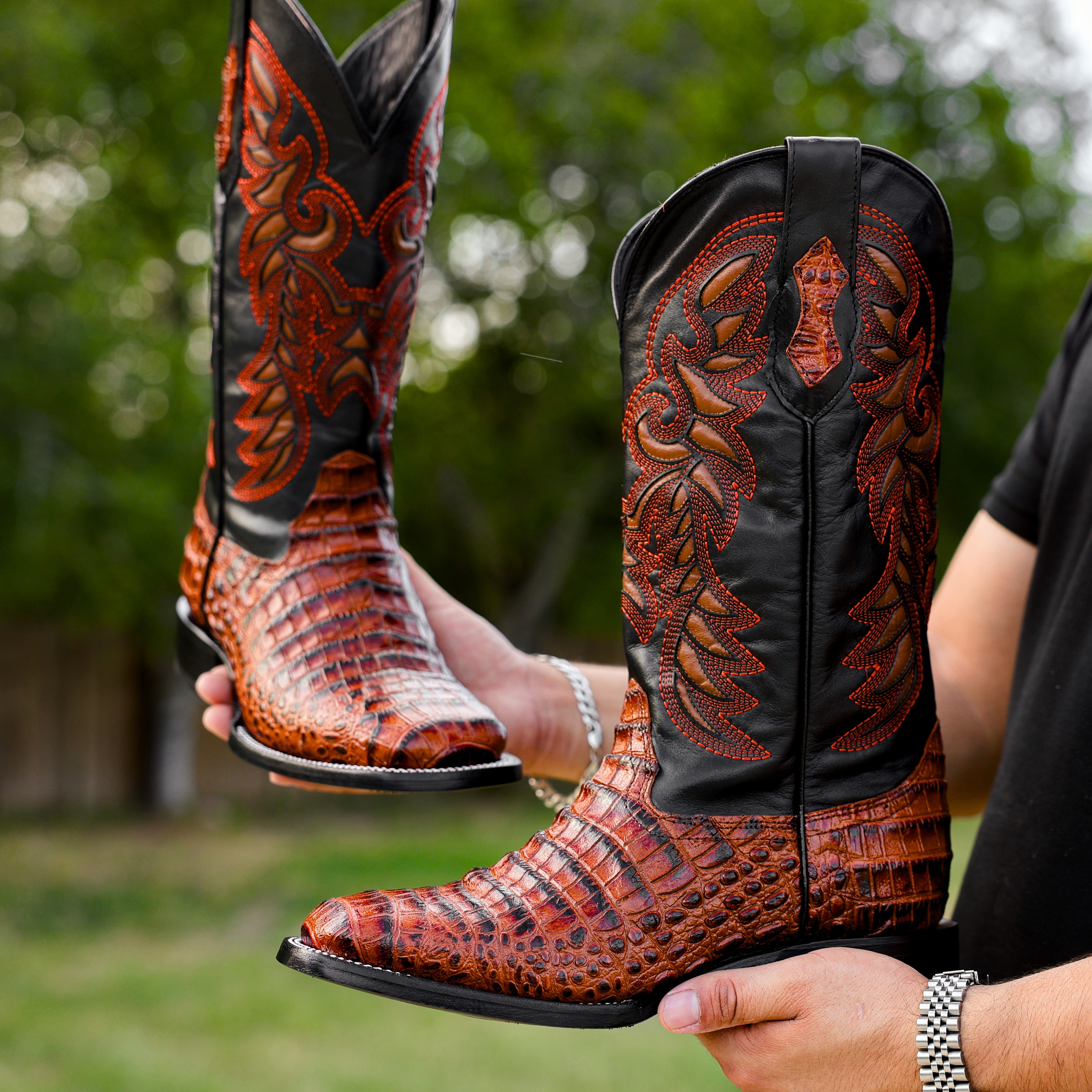 Cognac Caiman Belly Leather Boots - Square Toe