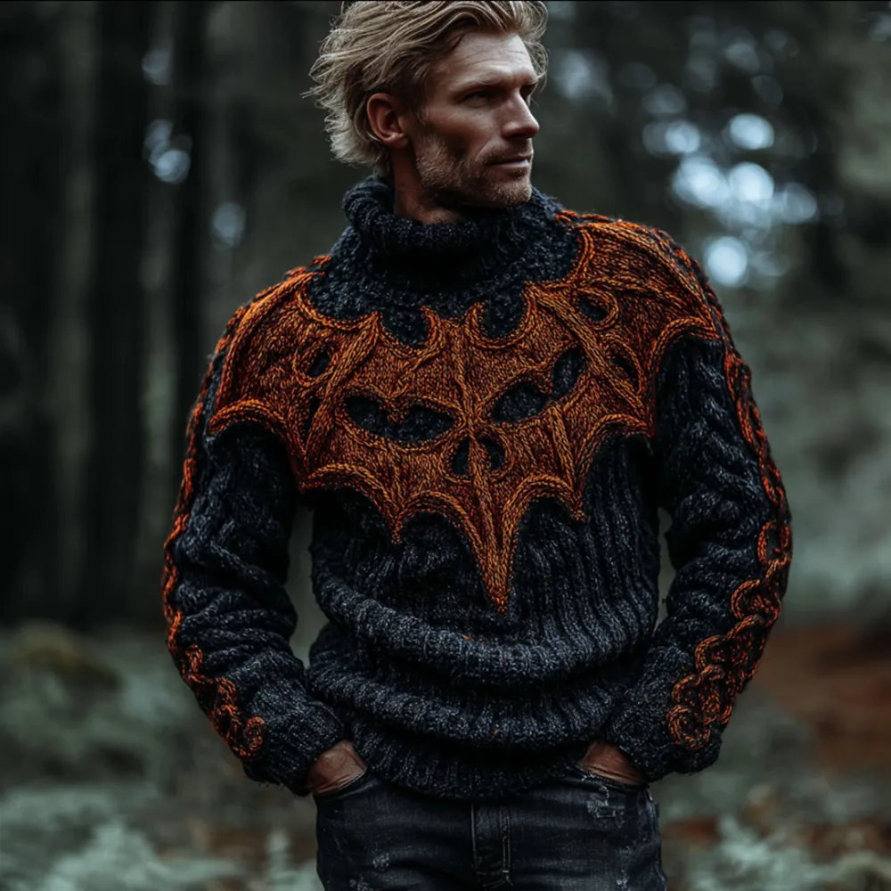 Men's Halloween 3d Embroidered Bat Warm High Collar Sweater