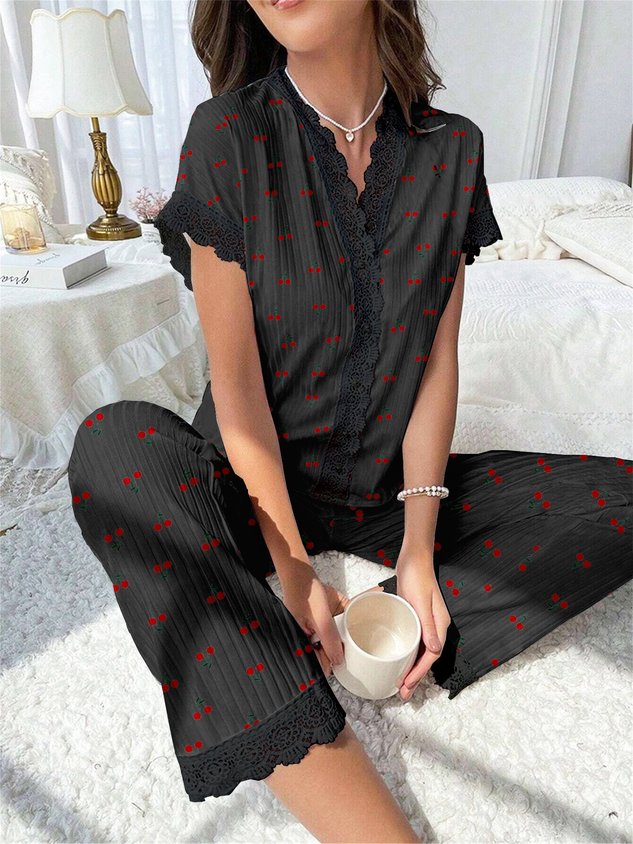 Simple V Neck Floral Loose Lounge Set