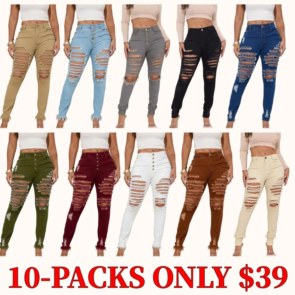 Women's distressed slim-fit jeans, made with stretch denim fabric