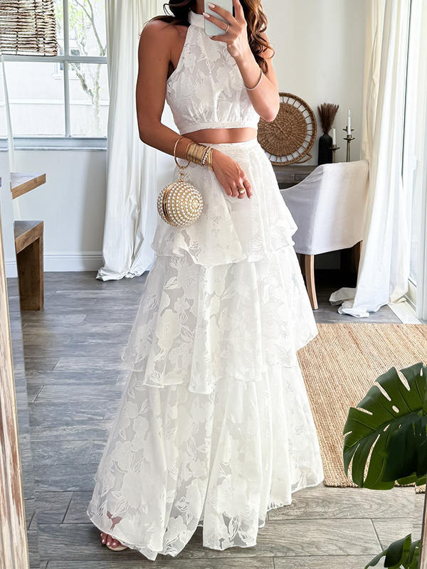 Sleeveless Floral Vest Split-Joint Ruffled Skirt Two-Piece Set