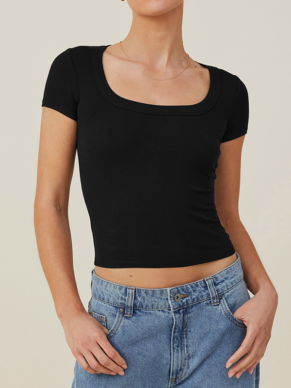 Solid Color Short Sleeves Skinny Square-neck T-Shirts Tops