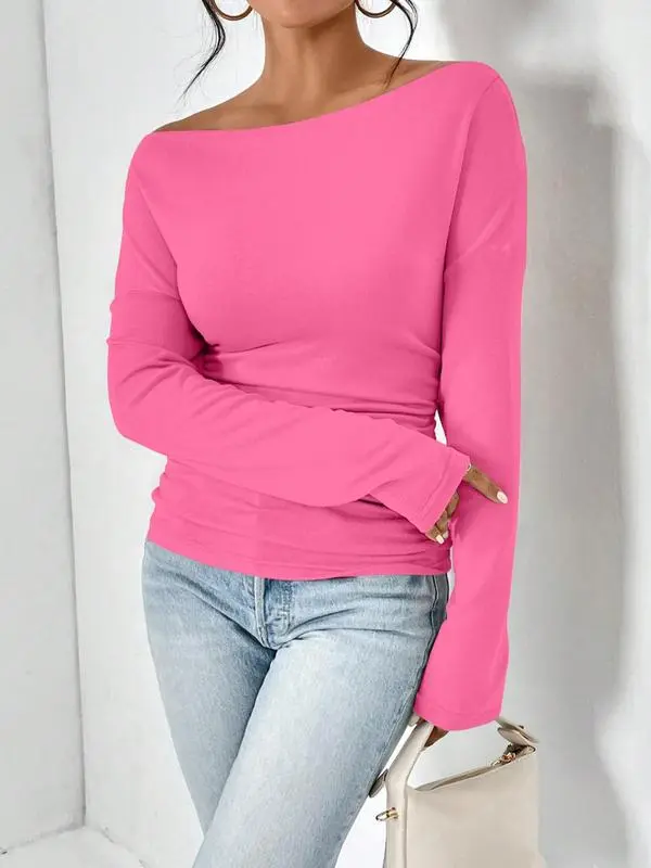 Women's Plain Ruched Asymmetrical Neck Drop Shoulder Tee