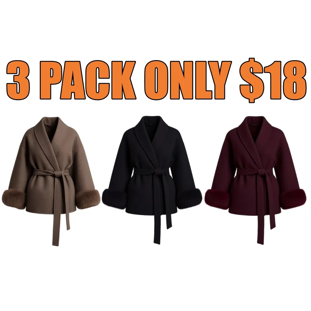 Women's Elegant Solid Color Waist Tie Plush Long Sleeve Thermal Wrap Coat