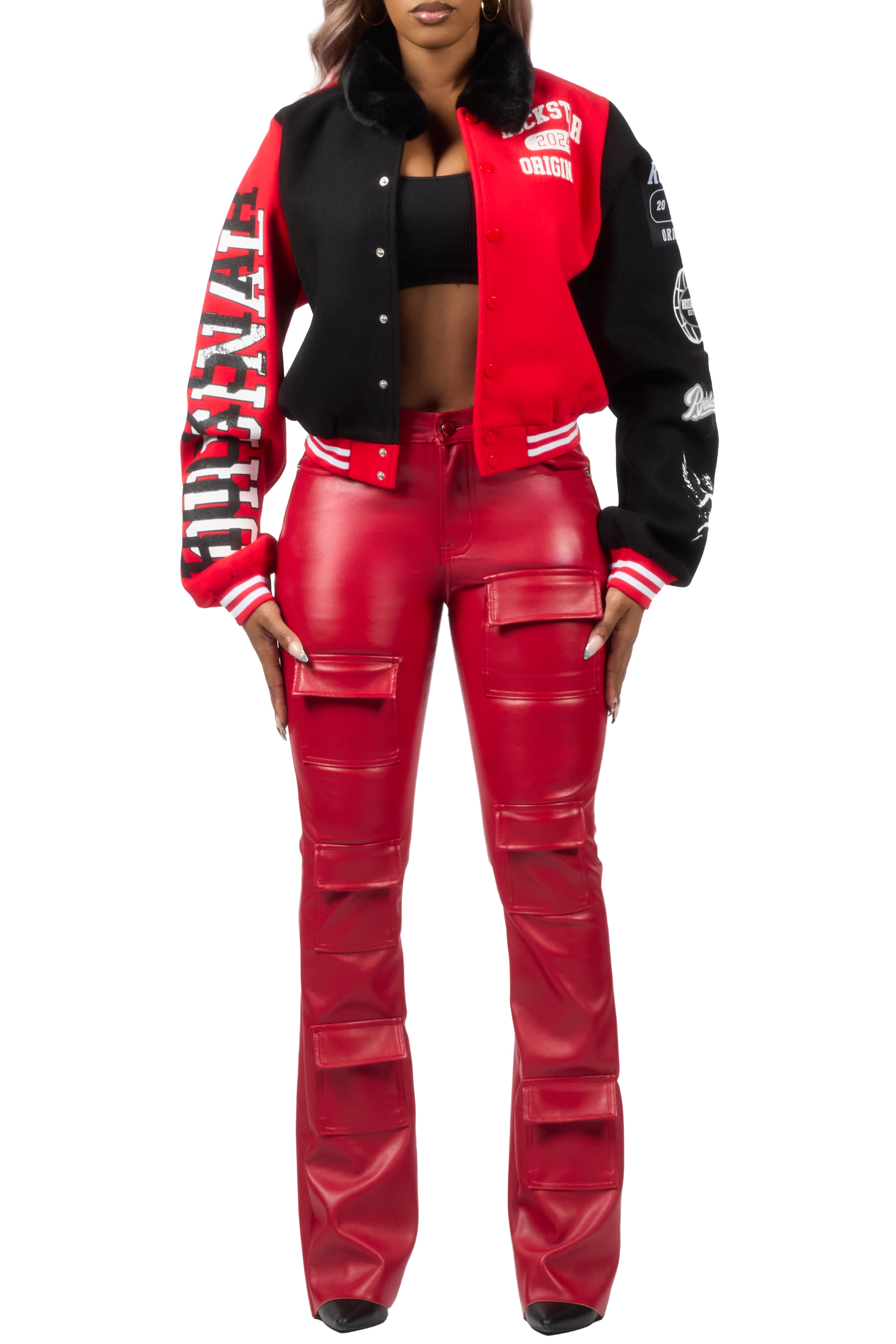 Kisha Black/Red/White Fur Collar Varsity Jacket