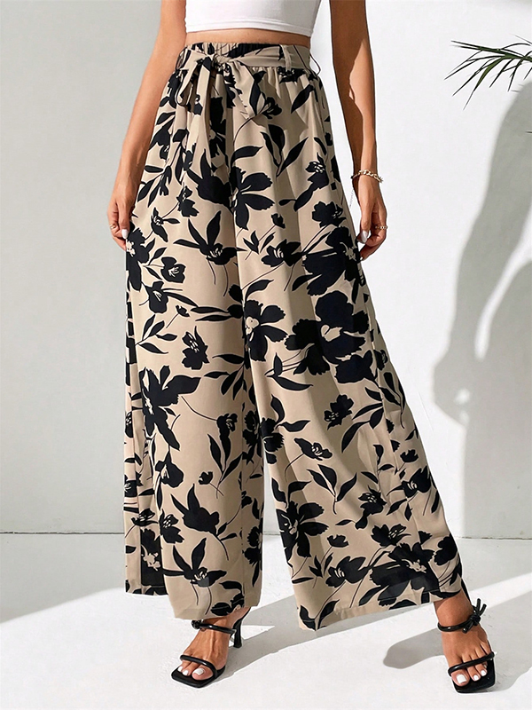 Elasticity Flower Print Tied Waist High Waisted Loose Trousers Pants