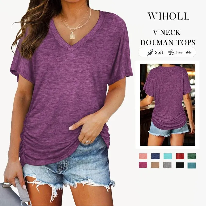 Womens Short Sleeve V Neck Dolman Tops with Side Shirring Loose Fit Shirts
