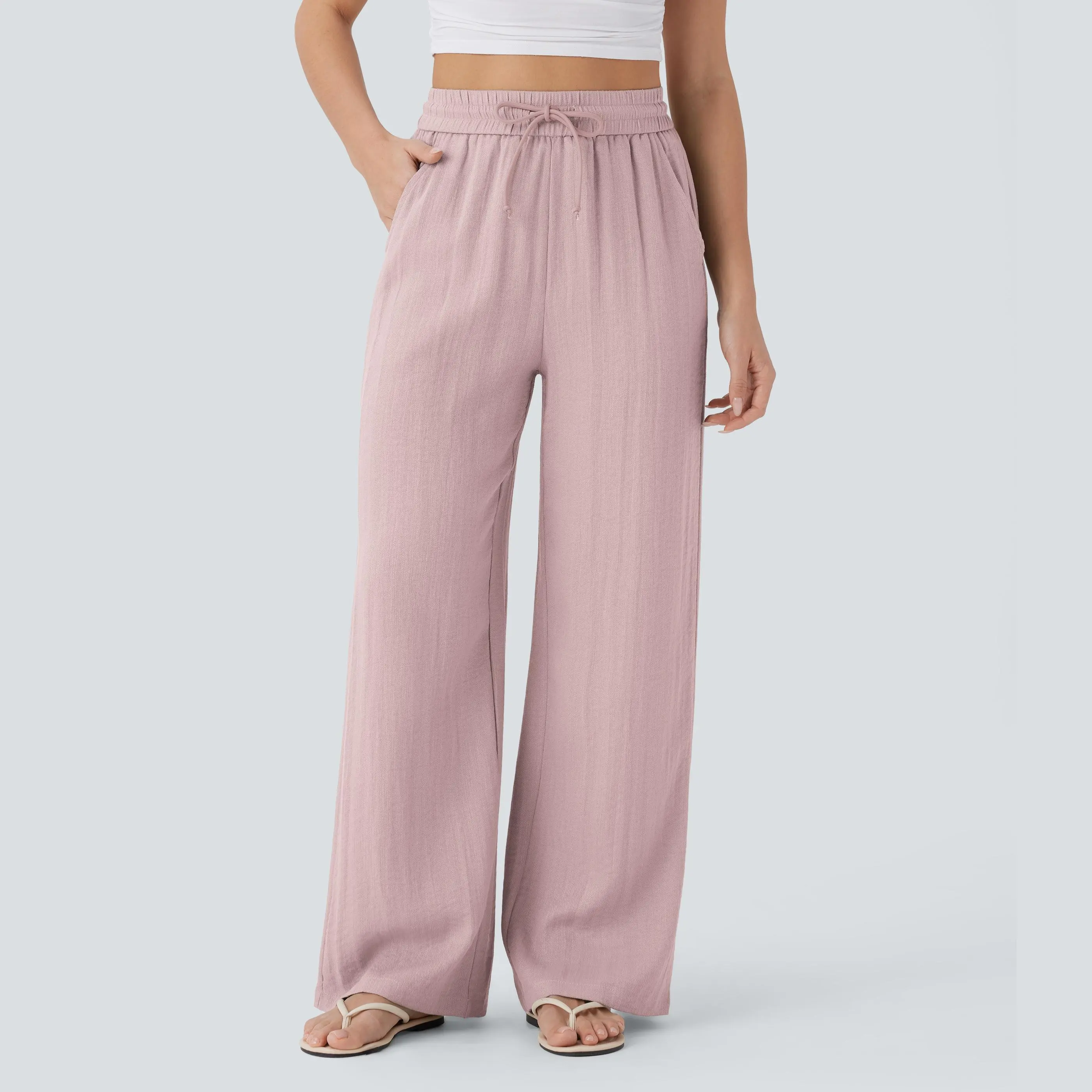High Waisted Drawstring Pocket Wide Leg Casual Linen-Feel Pants