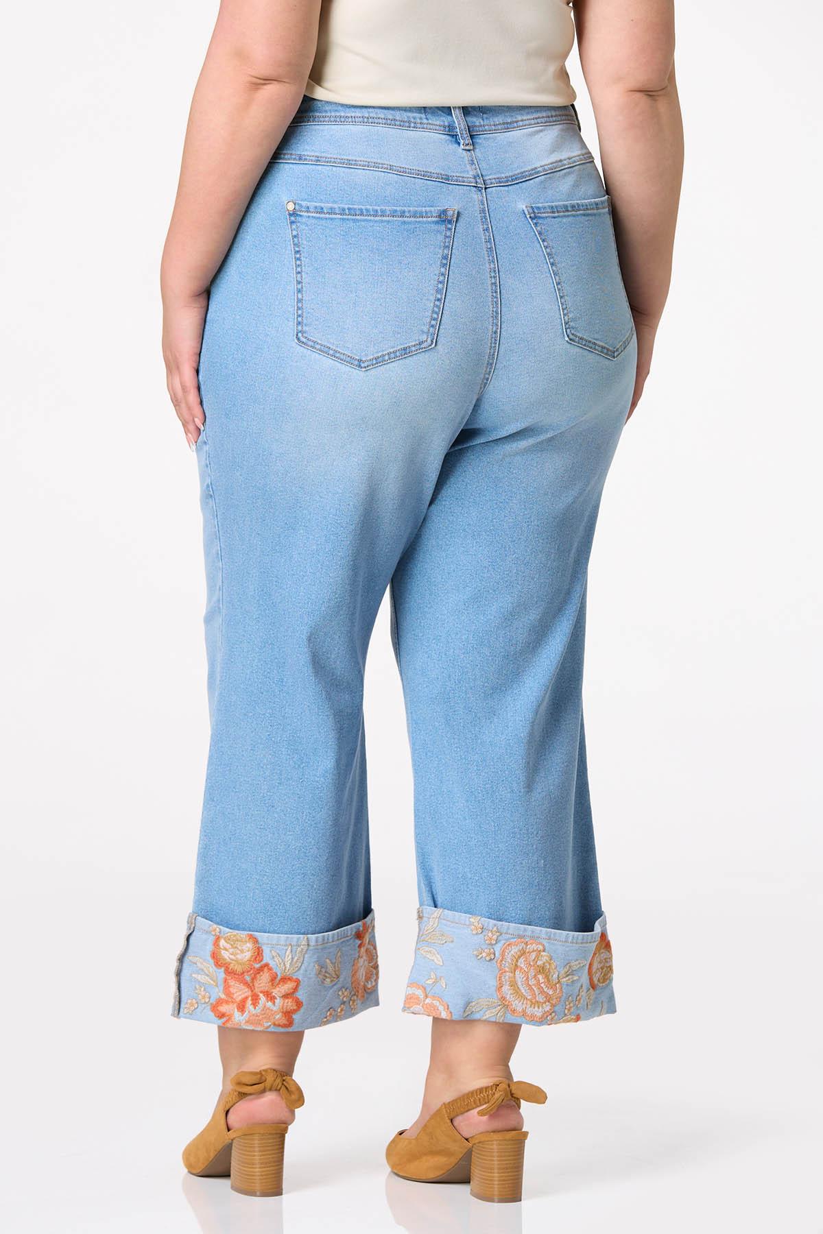 Plus Size Cropped Floral Embroidered Cuffed Jeans