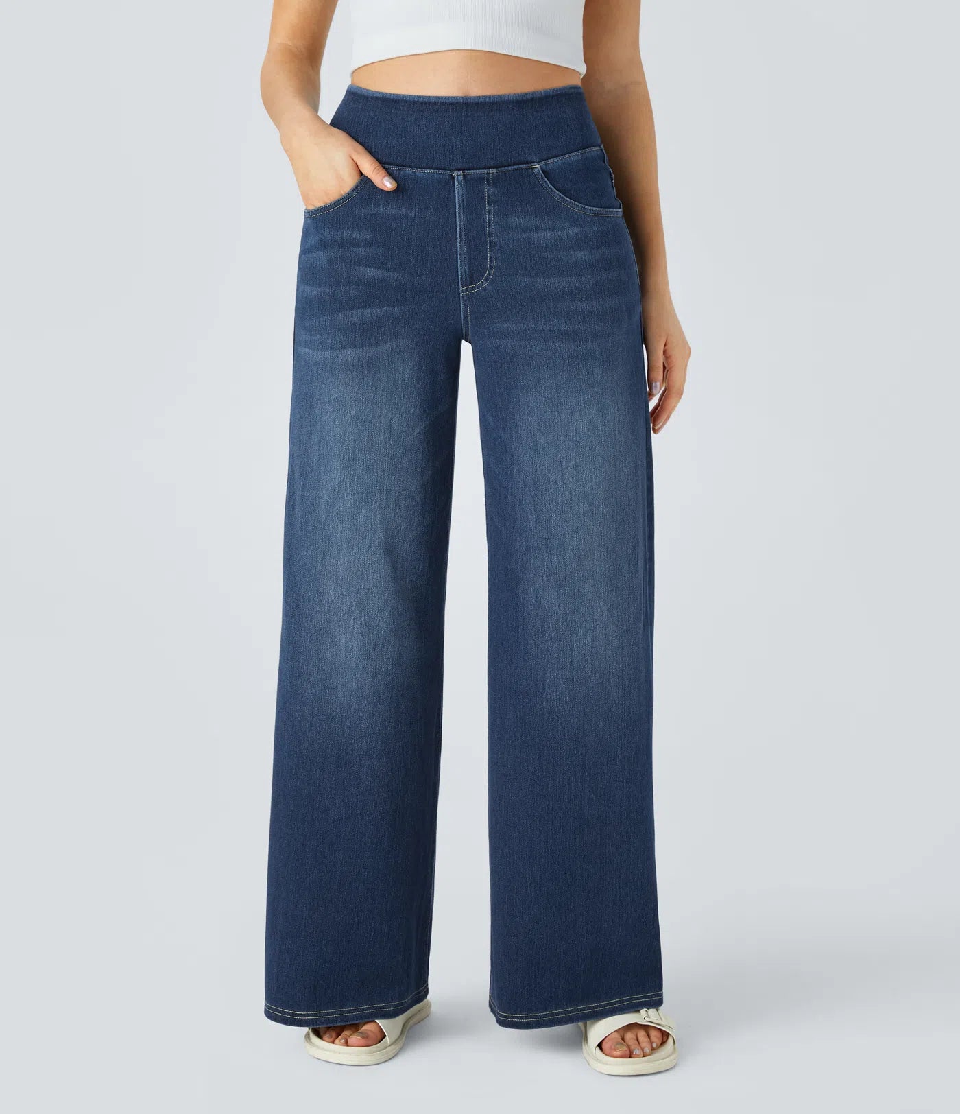 High Waisted Pockets Baggy Wide Leg Washed Casual Jeans