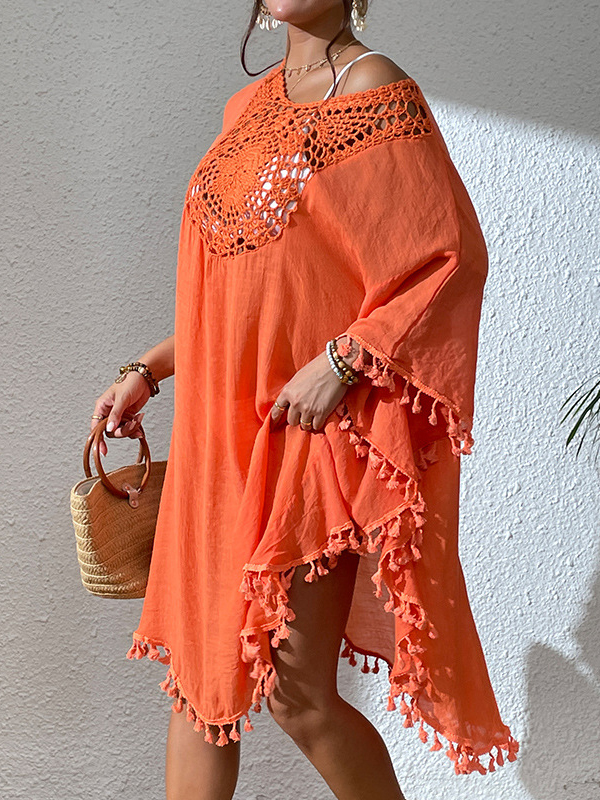 Hollow Solid Color Sun Protection Tasseled Batwing Sleeves Loose Round-Neck Midi Dresses Cover-Ups Tops