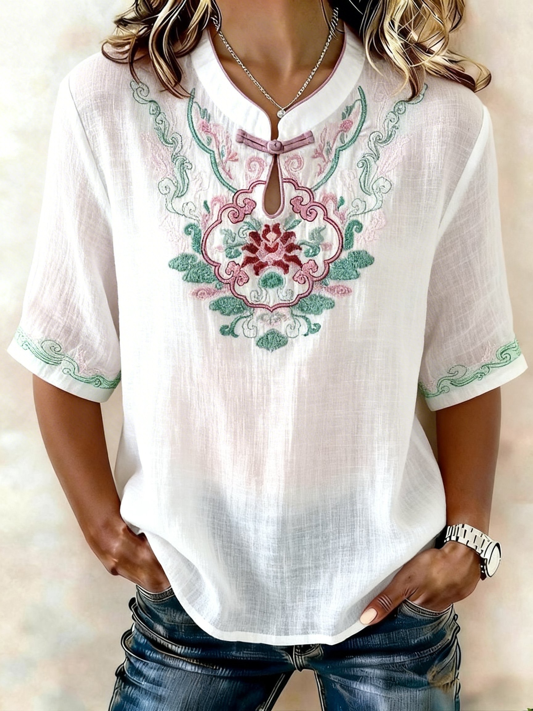 Women Embroidered Cotton Linen Tops- Fast Shipping