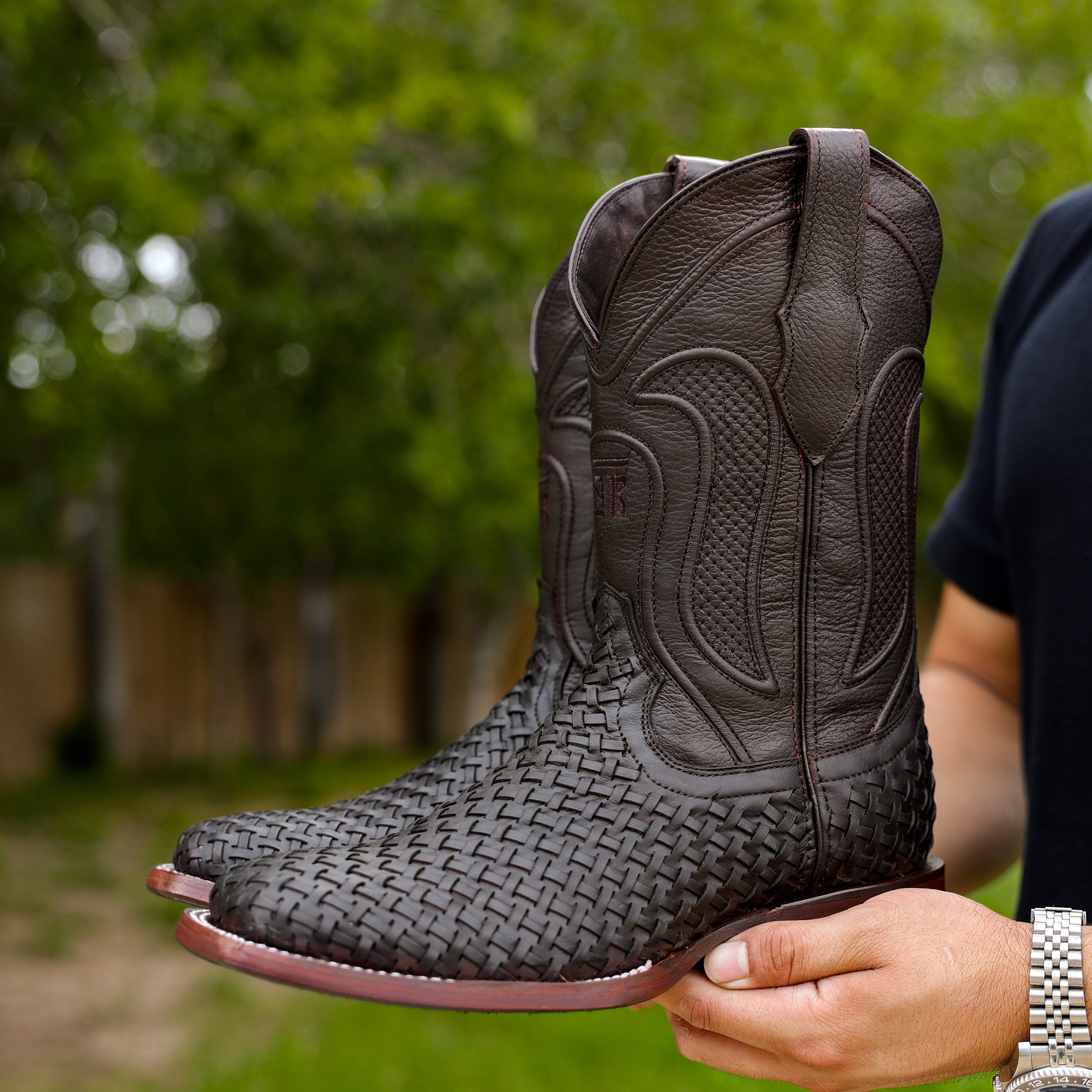 Brown Basketweave Boots - Square Toe