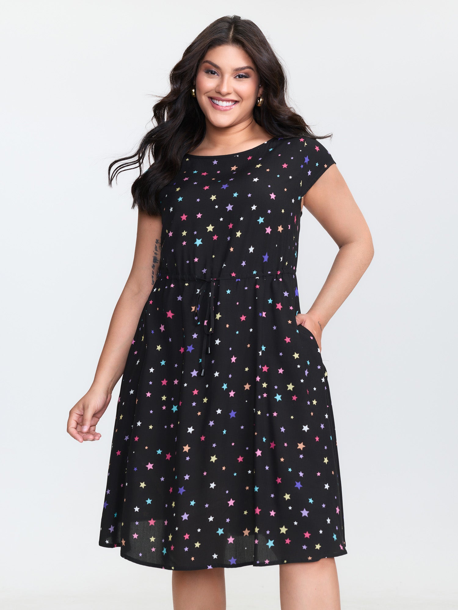 Colorful Star Print Pockets Mini Dress