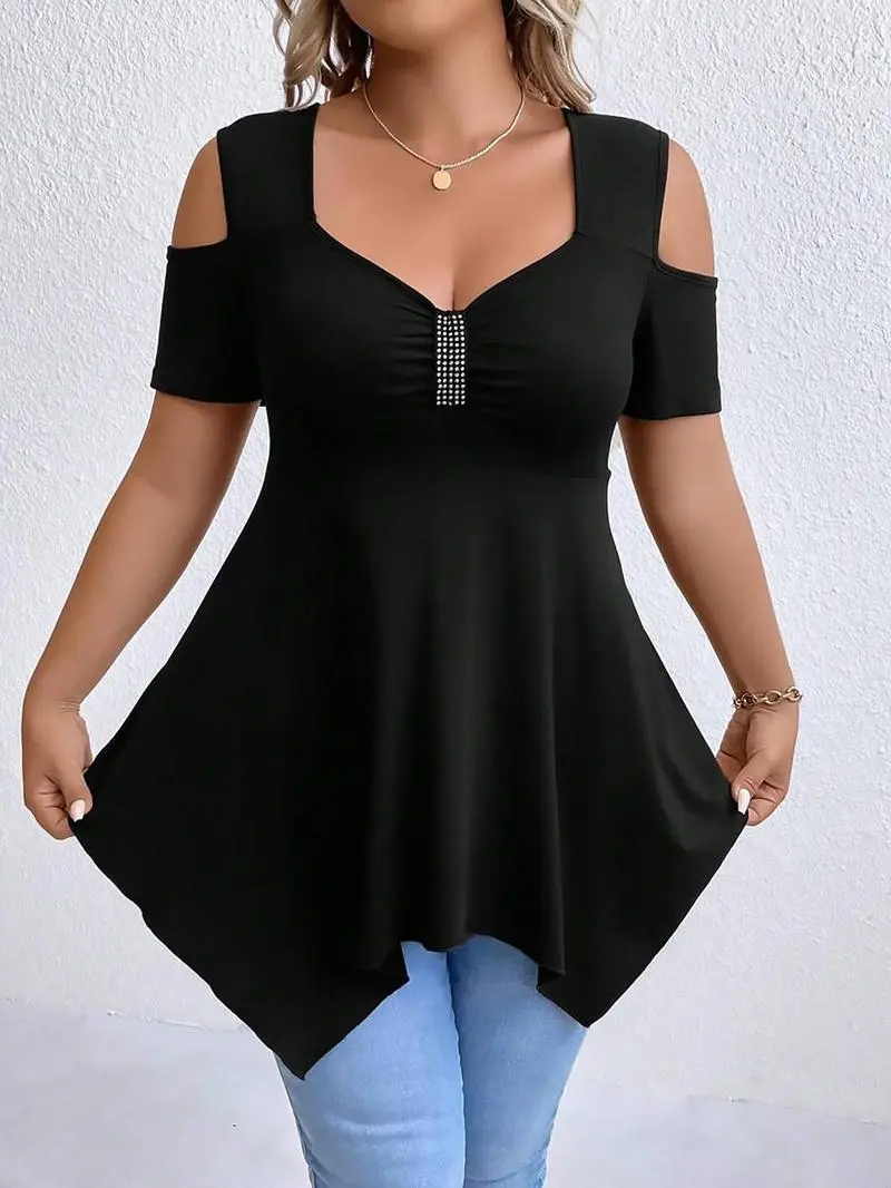 [Plus Size] Cold Shoulder Tee, Casual Asymmetrical Hem Short Sleeve T-shirt for Summer, Women's Plus Clothing for Daily Wear
